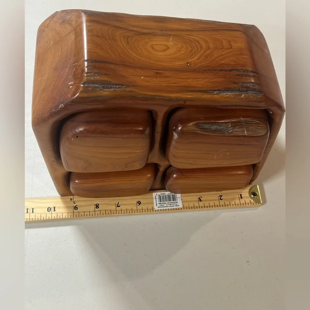 Jeff Trag Carved Knotty Wood Handmade 4 Drawer Jewelry Box Vintage Hand Carved